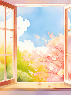 JPG 구름 일러스트 창문 자연 하늘 나뭇잎 사람없음 햇빛 봄풍경 벚꽃 나뭇가지 국내일러스트 AI일러스트 AI콘텐츠 자연요소 나무 꽃 잎 풍경 태양 봄 생태계 파일형식