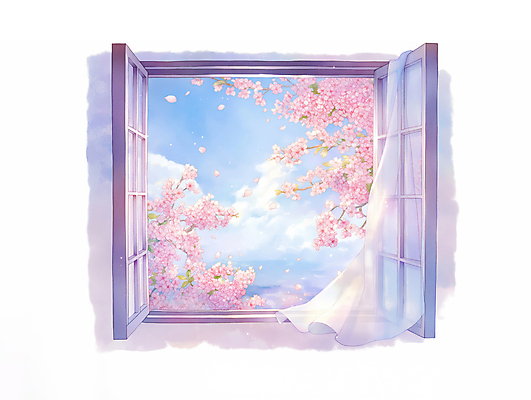 JPG 구름 일러스트 창문 자연 하늘 사람없음 햇빛 봄풍경 벚꽃 나뭇가지 커튼 국내일러스트 AI일러스트 AI콘텐츠 자연요소 나무 꽃 풍경 태양 봄 생태계 파일형식