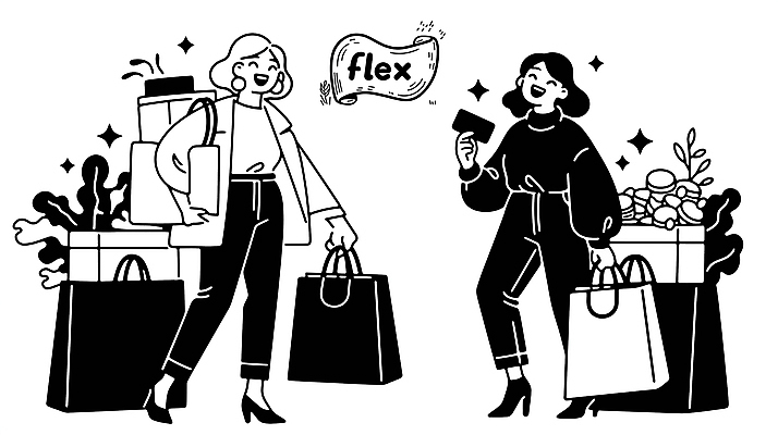 전신 라이프스타일 여자 패션 가방 일러스트 미소 들기 성인 두명 선물상자 반짝임 쇼핑 쇼핑백 검은색 도시 풀 신용카드 유머 라인아트 즐거움 성인여자만 플렉스 국내일러스트 AI파일 식물 잡화 감정 선 컬러 모션 표정 선물 사람 생활 금융 상자 신조어 여자만 성인만 파일형식 벡터