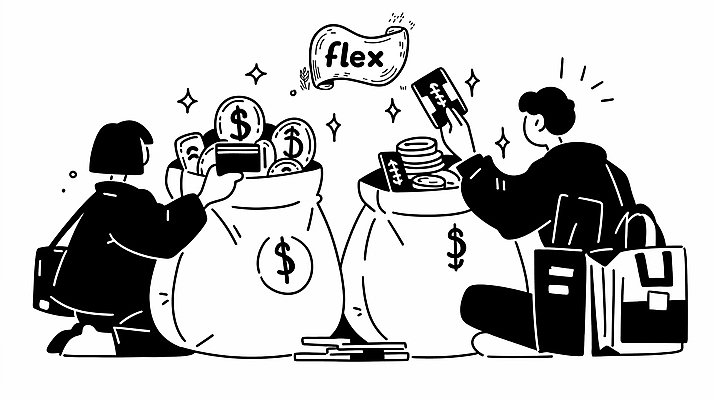 여자 남자 돈 가방 일러스트 들기 성인 두명 금융 반짝임 동전 검은색 저축 신용카드 유머 돈자루 무릎꿇기 라인아트 즐거움 성인만 플렉스 국내일러스트 AI파일 잡화 감정 선 컬러 모션 사람 경제 재산 신조어 파일형식 벡터