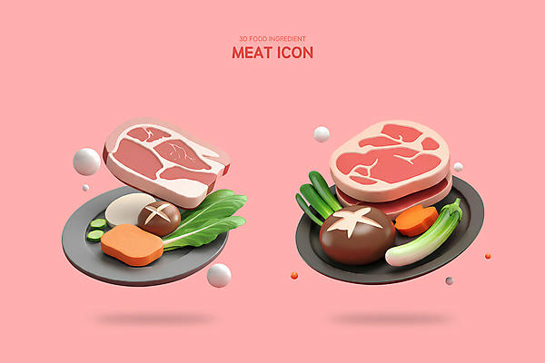 PSD 아이콘 접시 분홍색 오이 스테이크 사람없음 3D아이콘 3D 당근 소고기 신선 원형 상추 표고버섯 편집3D 도형 식기 컬러 채소 뿌리채소 서양음식 육류 버섯 디지털합성 파일형식