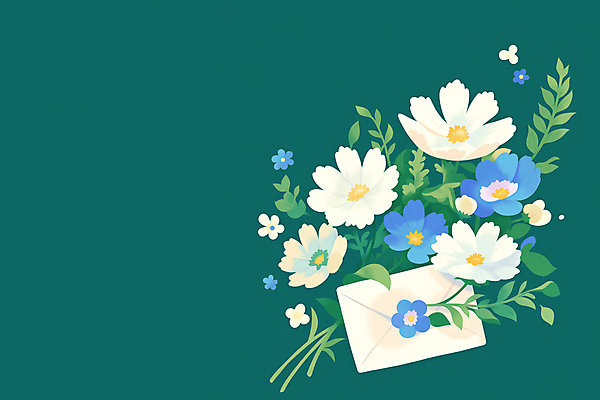 JPG 잎 일러스트 봄꽃 편지봉투 사람없음 청록색 부드러움 국내일러스트 AI일러스트 AI콘텐츠 식물 꽃 컬러 봉투 봄 감각 편지 파일형식