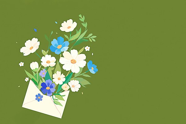 JPG 꽃잎 잎 일러스트 봄꽃 편지봉투 사람없음 초록색 부드러움 국내일러스트 AI일러스트 AI콘텐츠 식물 꽃 컬러 봉투 봄 감각 편지 파일형식
