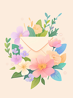 JPG 잎 일러스트 봄꽃 편지봉투 사람없음 부드러움 베이지색 국내일러스트 AI일러스트 AI콘텐츠 식물 꽃 컬러 봉투 봄 감각 편지 파일형식