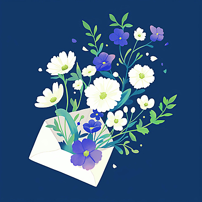 JPG 꽃잎 잎 일러스트 봄꽃 편지봉투 사람없음 남색 부드러움 국내일러스트 AI일러스트 AI콘텐츠 식물 꽃 컬러 봉투 봄 감각 편지 파일형식