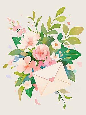 JPG 꽃잎 잎 일러스트 봄꽃 편지봉투 사람없음 초록색 하트 부드러움 연분홍색 국내일러스트 AI일러스트 AI콘텐츠 모양 식물 꽃 분홍색 컬러 봉투 봄 감각 편지 파일형식