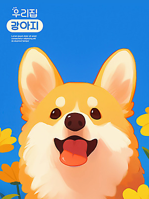 PSD 응시 꽃 일러스트 웃음 사람없음 파란색 귀여움 강아지 국내일러스트 식물 시선 컬러 컨셉 표정 반려동물 개 파일형식