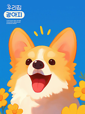 PSD 응시 꽃 일러스트 웃음 사람없음 파란색 귀여움 강아지 국내일러스트 식물 시선 컬러 컨셉 표정 반려동물 개 파일형식