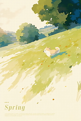 PSD 나무 공원 일러스트 하늘 수채화 잔디 사람없음 초록색 평화 봄풍경 강아지 국내일러스트 식물 공공시설 컬러 컨셉 풍경 반려동물 봄 개 파일형식