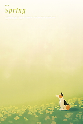 PSD 일러스트 수채화 앉기 사람없음 초록색 평화 봄풍경 강아지 카피스페이스 국내일러스트 컬러 컨셉 모션 풍경 반려동물 봄 공백 개 파일형식
