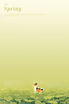 PSD 일러스트 수채화 앉기 사람없음 초록색 평화 봄풍경 강아지 클로버 카피스페이스 국내일러스트 컬러 컨셉 모션 풍경 반려동물 봄 공백 개 파일형식