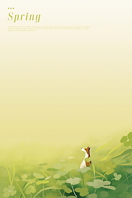 PSD 일러스트 수채화 사람없음 초록색 평화 봄풍경 풀잎 강아지 클로버 카피스페이스 국내일러스트 컬러 컨셉 잎 풍경 반려동물 봄 공백 풀_식물 개 파일형식