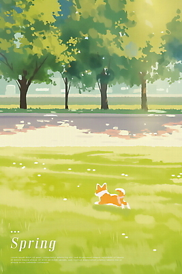 PSD 공원 일러스트 수채화 잔디 사람없음 초록색 햇빛 평화 봄풍경 강아지 나무그늘 국내일러스트 나무 식물 공공시설 컬러 컨셉 풍경 반려동물 태양 봄 개 그늘 파일형식