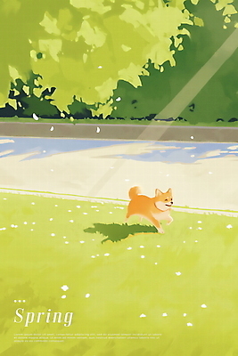 PSD 나무 공원 일러스트 수채화 잔디 사람없음 초록색 햇빛 평화 봄풍경 강아지 국내일러스트 식물 공공시설 컬러 컨셉 풍경 반려동물 태양 봄 개 파일형식