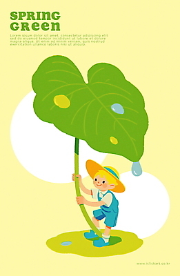 전신 PSD 남자 어린이 일러스트 한명 미소 소년 초록색 귀여움 물방울 잡기 봄비 보호 연잎 밀짚모자 감성 나뭇잎우산 소년한명만 연노랑색 동심 국내일러스트 모자_잡화 1 컬러 컨셉 잎 우산 모션 표정 사람 노란색 봄 비_날씨 남자한명만 소년만 파일형식