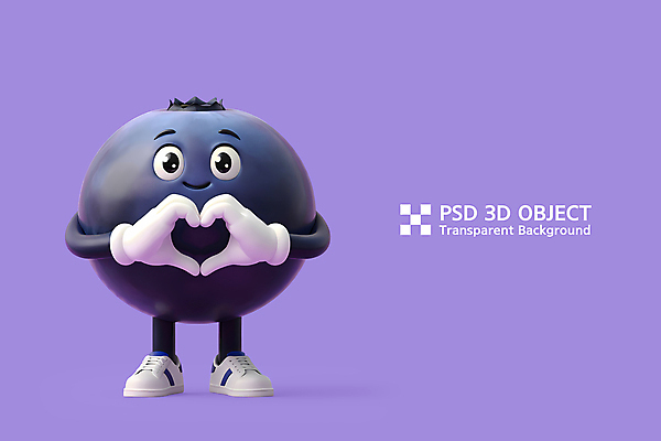 PSD 편집이미지 3D캐릭터 미소 사람없음 3D 귀여움 보라색 블루베리 손하트 블루베리캐릭터 편집3D 캐릭터 컬러 컨셉 과일 표정 손짓 디지털합성 파일형식