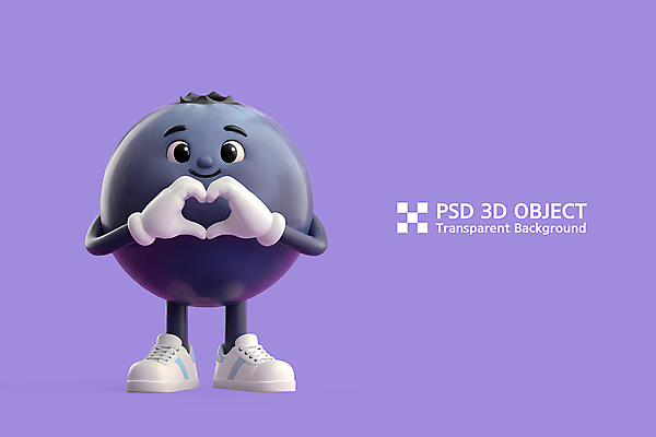 PSD 편집이미지 3D캐릭터 미소 사람없음 3D 귀여움 보라색 블루베리 손하트 블루베리캐릭터 편집3D 캐릭터 컬러 컨셉 과일 표정 손짓 디지털합성 파일형식