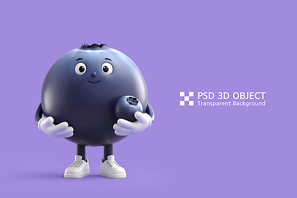 PSD 편집이미지 3D캐릭터 미소 들기 사람없음 3D 귀여움 보라색 블루베리 블루베리캐릭터 편집3D 캐릭터 컬러 컨셉 과일 모션 표정 디지털합성 파일형식