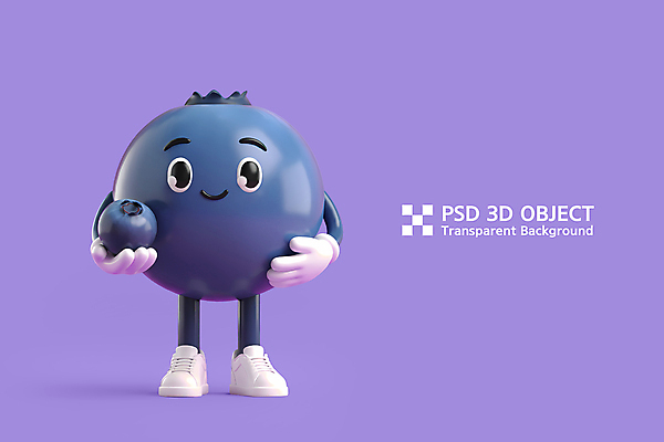 PSD 편집이미지 3D캐릭터 미소 들기 사람없음 3D 귀여움 보라색 블루베리 블루베리캐릭터 편집3D 캐릭터 컬러 컨셉 과일 모션 표정 디지털합성 파일형식