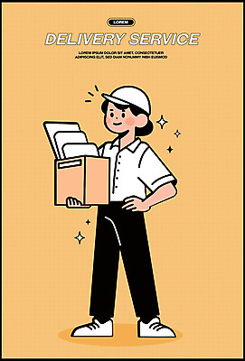 전신 여자 허리손 유니폼 일러스트 직업캐릭터 한명 미소 들기 성인 반짝임 주황색 운송업 배달원 상품 배송 서비스 택배상자 캡모자 성인여자한명만 일러캐릭터 AI파일 직업 캐릭터 모자_잡화 1 옷 산업 컬러 포즈 모션 표정 사람 상자 택배 여자한명만 성인여자만 파일형식 벡터