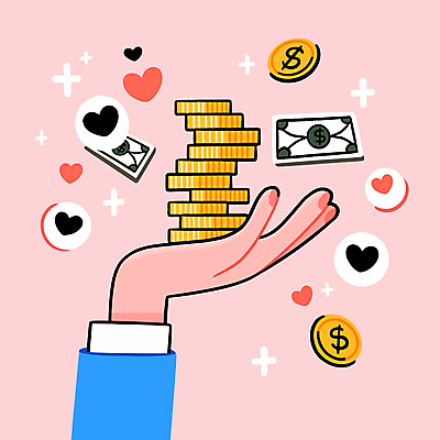 손 분홍색 지폐 일러스트 들기 신체부위 반짝임 하트 동전탑 국내일러스트 AI파일 모양 컬러 돈 모션 사람 쌓기 동전 파일형식 벡터