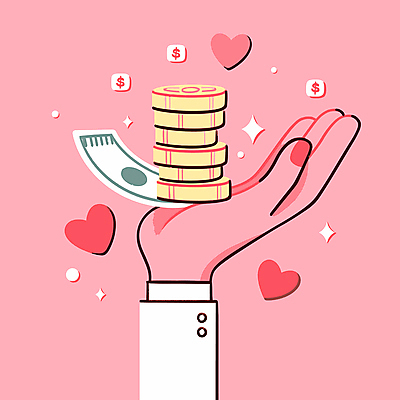 손 분홍색 지폐 일러스트 들기 신체부위 반짝임 하트 동전탑 국내일러스트 AI파일 모양 컬러 돈 모션 사람 쌓기 동전 파일형식 벡터