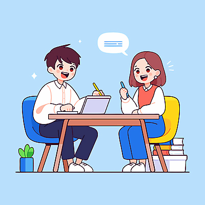 전신 식물 학생 여자 남자 화분 하늘색 말풍선 의자 일러스트 청소년 대화 미소 들기 앉기 두명 노트북 반짝임 스터디 펜 기록 책상 책더미 십대만 국내일러스트 AI파일 가구 모션 표정 말하기 사람 책 파란색 전자제품 학습 필기구 무더기 파일형식 벡터