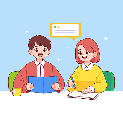 학생 여자 남자 하늘색 말풍선 의자 일러스트 청소년 대화 미소 들기 상반신 두명 책 컵 반짝임 스터디 펜 기록 책상 십대만 국내일러스트 AI파일 식기 가구 모션 표정 말하기 사람 파란색 학습 필기구 파일형식 벡터