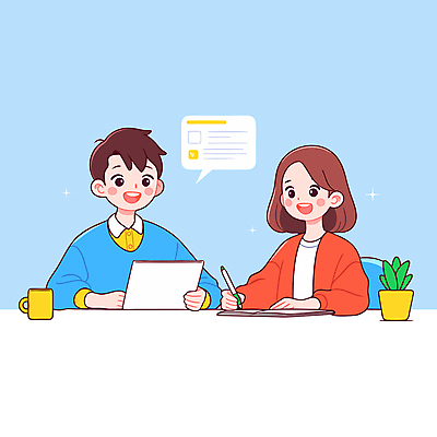 식물 학생 여자 남자 화분 하늘색 말풍선 일러스트 청소년 대화 미소 들기 상반신 두명 책 컵 스터디 펜 기록 책상 십대만 국내일러스트 AI파일 식기 가구 모션 표정 말하기 사람 파란색 학습 필기구 파일형식 벡터