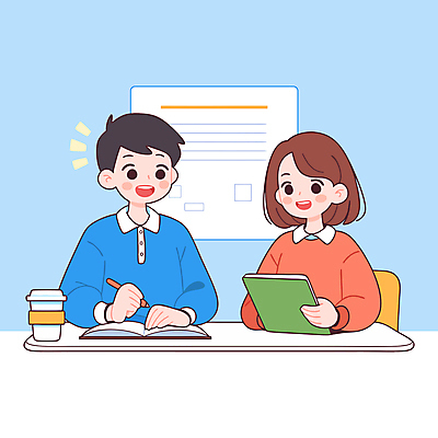 학생 여자 남자 하늘색 일러스트 청소년 대화 미소 들기 상반신 두명 책 스터디 펜 자료 기록 책상 테이크아웃컵 십대만 국내일러스트 AI파일 가구 모션 표정 말하기 사람 컵 파란색 학습 필기구 파일형식 벡터