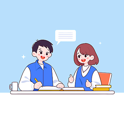 학생 여자 남자 하늘색 말풍선 의자 일러스트 청소년 대화 미소 들기 상반신 두명 책 컵 반짝임 스터디 펜 책상 따봉 십대만 국내일러스트 AI파일 식기 가구 모션 표정 말하기 사람 파란색 학습 필기구 최고 파일형식 벡터