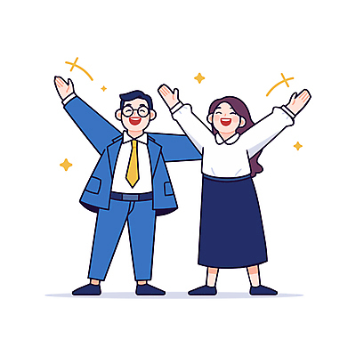 전신 여자 남자 일러스트 성공 미소 정장 성인 두명 반짝임 기쁨 만세 직장인 동료 성인만 안경낌 일러캐릭터 AI파일 직업 캐릭터 옷 감정 안경 컨셉 관계 모션 표정 사람 파일형식 벡터