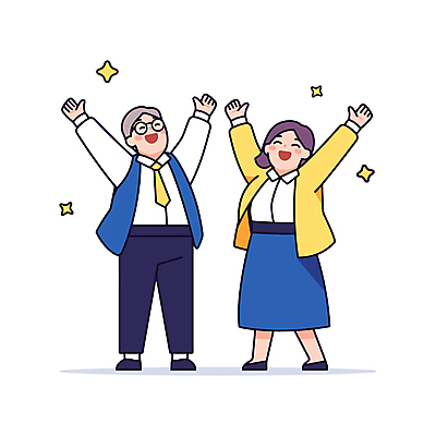 전신 여자 노년 남자 일러스트 성공 미소 정장 성인 두명 반짝임 기쁨 만세 직장인 동료 안경낌 일러캐릭터 AI파일 직업 캐릭터 옷 감정 안경 컨셉 관계 모션 표정 사람 파일형식 벡터