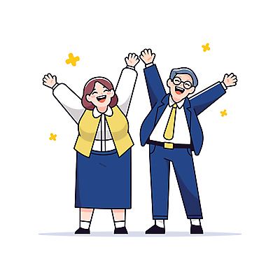 전신 여자 남자 일러스트 성공 미소 정장 성인 두명 반짝임 기쁨 만세 직장인 동료 성인만 안경낌 일러캐릭터 AI파일 직업 캐릭터 옷 감정 안경 컨셉 관계 모션 표정 사람 파일형식 벡터