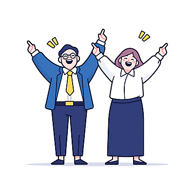 전신 여자 남자 일러스트 성공 미소 정장 성인 두명 반짝임 기쁨 만세 가리킴 직장인 동료 성인만 안경낌 일러캐릭터 AI파일 직업 캐릭터 옷 감정 안경 컨셉 관계 모션 표정 사람 손짓 파일형식 벡터