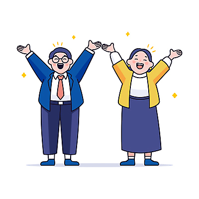 전신 여자 남자 일러스트 성공 미소 정장 성인 두명 반짝임 기쁨 만세 직장인 동료 성인만 안경낌 일러캐릭터 AI파일 직업 캐릭터 옷 감정 안경 컨셉 관계 모션 표정 사람 파일형식 벡터