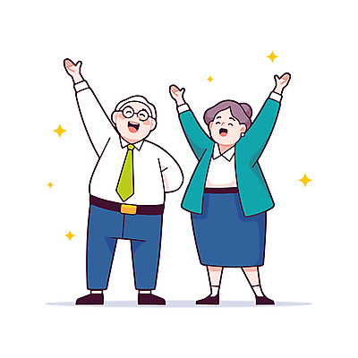 전신 여자 노년 남자 중년 일러스트 성공 미소 정장 두명 반짝임 손들기 기쁨 만세 직장인 동료 뒷짐 안경낌 일러캐릭터 AI파일 직업 캐릭터 옷 감정 안경 컨셉 관계 모션 표정 사람 성인 파일형식 벡터