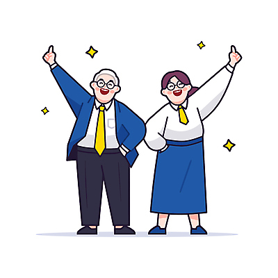전신 여자 노년 남자 일러스트 성공 미소 정장 성인 두명 반짝임 손들기 기쁨 가리킴 직장인 동료 주머니손 안경낌 일러캐릭터 AI파일 직업 캐릭터 옷 감정 안경 컨셉 관계 모션 표정 사람 손짓 파일형식 벡터