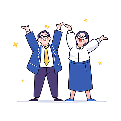 전신 여자 남자 일러스트 성공 미소 정장 성인 두명 반짝임 기쁨 만세 직장인 동료 성인만 안경낌 일러캐릭터 AI파일 직업 캐릭터 옷 감정 안경 컨셉 관계 모션 표정 사람 파일형식 벡터