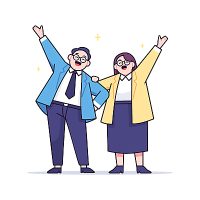 전신 여자 남자 허리손 일러스트 성공 미소 정장 성인 두명 반짝임 손들기 기쁨 직장인 동료 성인만 안경낌 어깨에손 일러캐릭터 AI파일 직업 캐릭터 옷 감정 안경 포즈 컨셉 관계 모션 표정 사람 파일형식 벡터