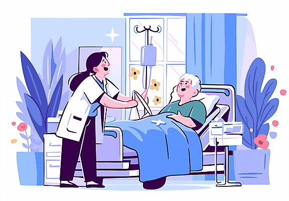 여자 노년 남자 꽃 화분 잎 일러스트 창문 미소 성인 두명 눕기 보라색 이불 환자 의사 커튼 링거 요양 요양원 요양보호사 링거걸이 병원침대 국내일러스트 AI파일 식물 직업 컬러 의학 의료기기 침구 모션 표정 사람 의료진 침대 간호 파일형식 벡터