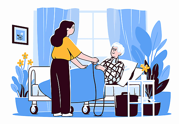 여자 노년 남자 꽃 화분 하늘색 액자 일러스트 창문 미소 성인 두명 눕기 이불 환자 간호사 커튼 요양 요양원 요양보호사 병원침대 국내일러스트 AI파일 식물 직업 의학 침구 모션 표정 사람 파란색 의료진 침대 간호 파일형식 벡터