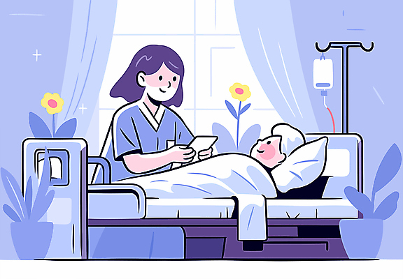 여자 남자 꽃 화분 어린이 일러스트 창문 미소 들기 소년 성인 두명 눕기 보라색 이불 환자 간호사 커튼 링거 요양 요양원 요양보호사 링거걸이 병원침대 국내일러스트 AI파일 식물 직업 컬러 의학 의료기기 침구 모션 표정 사람 의료진 침대 간호 파일형식 벡터