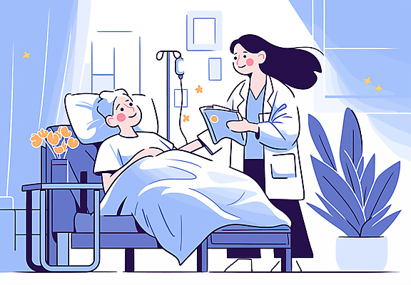 여자 꽃 화분 하늘색 일러스트 탁자 미소 들기 성인 두명 눕기 이불 환자 의사 커튼 링거 문서 요양 요양원 요양보호사 링거걸이 병원침대 성인여자만 국내일러스트 AI파일 식물 직업 가구 의학 의료기기 침구 모션 표정 사람 파란색 의료진 침대 간호 여자만 성인만 파일형식 벡터