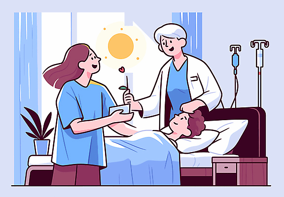 식물 여자 노년 남자 화분 하늘색 일러스트 창문 미소 성인 세명 눕기 태양 이불 환자 간호사 의사 커튼 링거 주기 서랍장 요양 요양원 요양보호사 링거걸이 병원침대 국내일러스트 AI파일 자연요소 직업 가구 의학 의료기기 침구 모션 표정 사람 파란색 의료진 침대 간호 파일형식 벡터