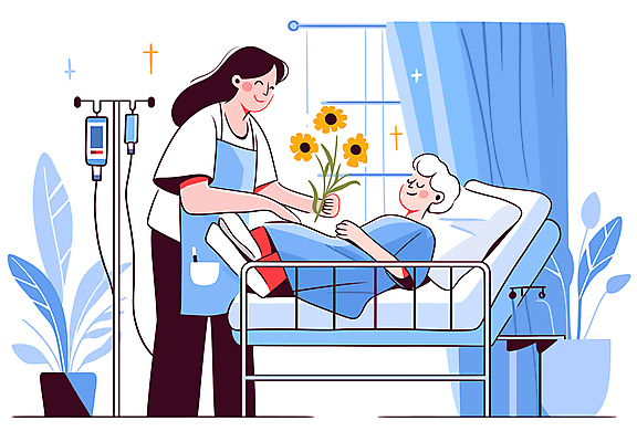 여자 노년 꽃 화분 하늘색 일러스트 창문 미소 성인 두명 눕기 앞치마 이불 환자 간호사 커튼 링거 주기 요양 요양원 요양보호사 링거걸이 병원침대 여자만 국내일러스트 AI파일 식물 직업 의학 의료기기 침구 모션 표정 사람 파란색 의료진 침대 간호 파일형식 벡터