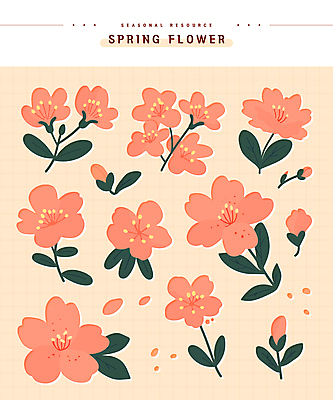 스티커 잎 일러스트 봄꽃 사람없음 진달래 엘리먼트 코랄 국내일러스트 AI파일 식물 꽃 컬러 봄 파일형식 벡터