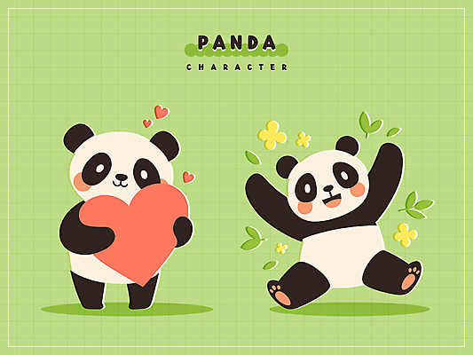 꽃 동물캐릭터 스티커 일러스트 안기 나뭇잎 미소 들기 사람없음 연두색 귀여움 만세 하트 판다 일러캐릭터 AI파일 모양 식물 동물 캐릭터 컨셉 잎 곰 모션 표정 초록색 파일형식 벡터