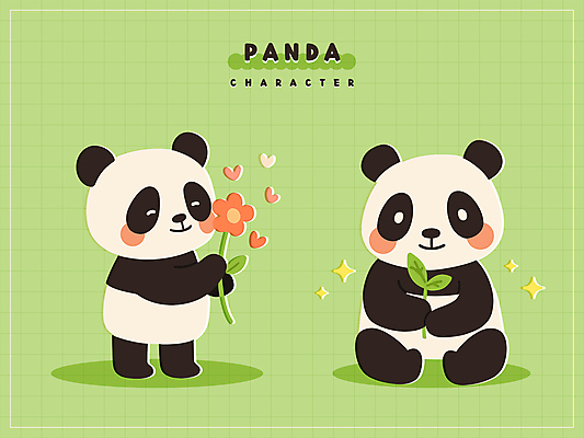 꽃 동물캐릭터 스티커 일러스트 나뭇잎 미소 웃음 들기 앉기 사람없음 연두색 반짝임 새싹 귀여움 판다 일러캐릭터 AI파일 식물 동물 캐릭터 컨셉 잎 곰 모션 표정 초록색 파일형식 벡터