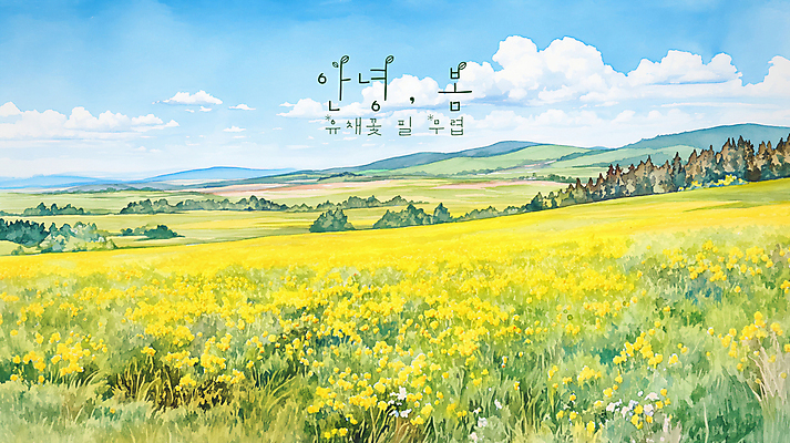 PSD 구름 일러스트 자연 하늘 수채화 산 초원 사람없음 노란색 평화 봄풍경 유채밭 국내일러스트 자연요소 컬러 컨셉 밭 풍경 봄 유채 생태계 파일형식